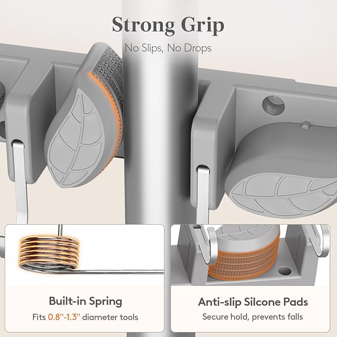 Lifewit Mop and Broom Holder Organizer Wall Mount Non-Slip, 2 Pack, Gray | Easy Install One Handed Push Cleaning Tool Hanger with 6 Hooks 5 Slots, Heavy Duty Hanging Utility Rack for Garden, Garage