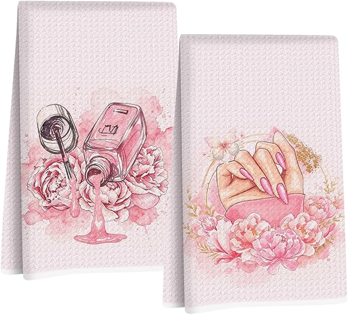 Hanamiya Na 2 Pcs Pink Hand Towels, Nail Polish Decor Reusable Dish Towels | Fashion Gifts for Women Mom Girls Friend, Waffle Weave Microfiber Towels for Bathroom Home Decor 24x14 Inch