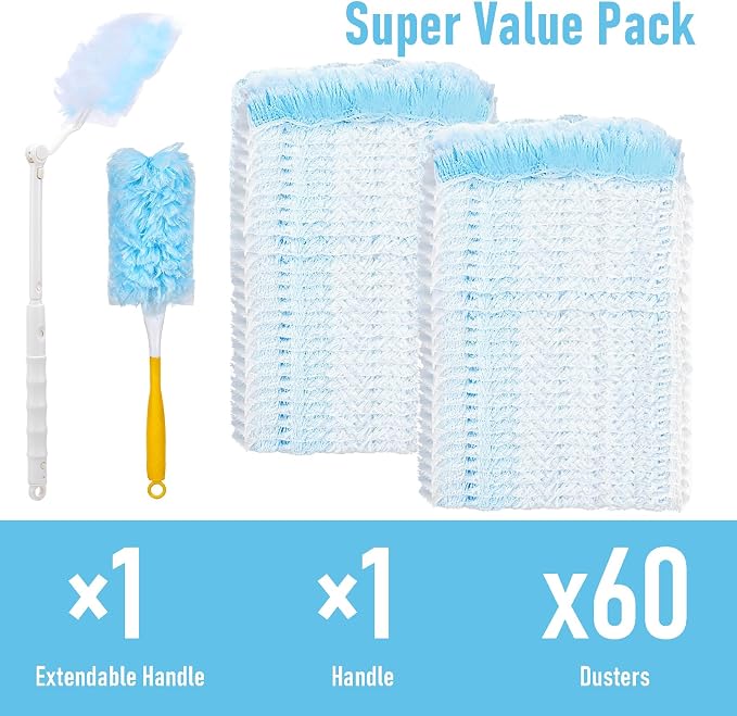 60 Count Heavy Duty Dusters Refills, Disposable Cleaning Duster Kit | Microfiber Dusters, Multi-Surface Duster, with Extendable Handle, and 1 Handle, for Home, Ceiling Fan, Furniture, Blinds