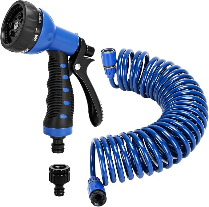 Recoil Garden Hose 25FT EVA Water Hose with 7-Pattern Spray Nozzle,Curly Self Coiling Lightweight Garden Hose,Retractable Drinking Water Safe Garden Coil Hose for Lawn Patio (blue)