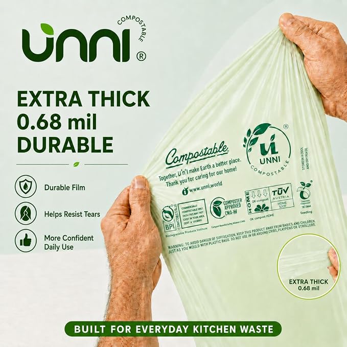 UNNI 2.6 Gallon Compostable Bags with Easy-Tie Handles, 10 Liter, 200 Count | Small Compost Bags for Countertop Bins & Kitchen Food Scraps, 2 Packs of 100, Certified by BPI, CMA & OK compost HOME