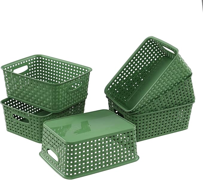 Plastic Woven Storage Baskets, Rectangle Kitchen Organizer Bin, 6 Packs