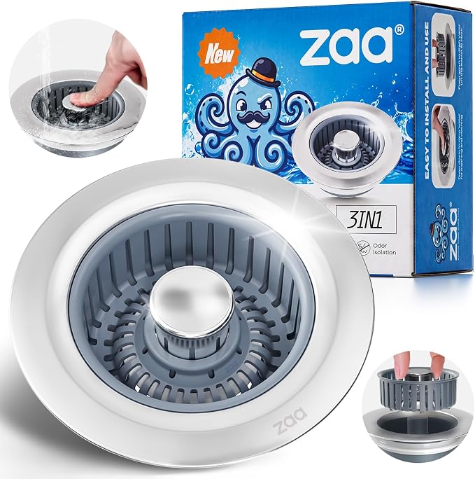 zaa 3 in 1 Kitchen Sink Drain Strainer Stopper Removable Basket Pop-Up | Kitchen Sink Food Strainer 1 Pack Silver Stainless - Food Catcher, Odor-Block Seal, Fits 3.5" Drain, Easy Clean