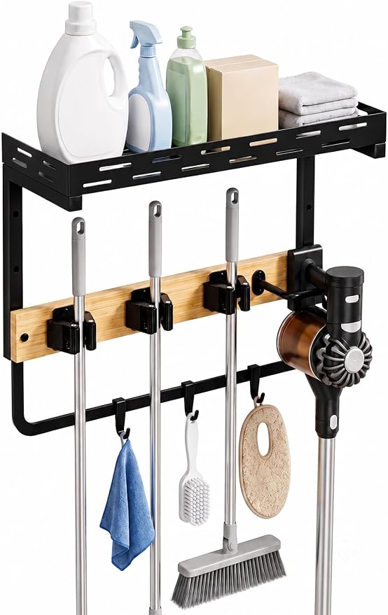 Deloban Broom Holder Wall Mount,16.6" Small Mop Tool Organizer | With Bamboo Rail, 3 Grippers, 3 Hooks, Vacuum Slot & Top Storage Shelf For Laundry Room Organization, Garage,Garden,Black