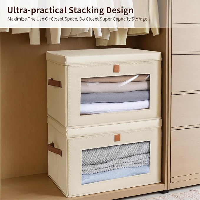 Homsorout Large Closet Storage Bins - Collapsible Clothing Organizer with Handles & Window, Decorative Bin with Lids, Linen Closet Organizers for Living Room, Dorm, 6 Pack, Beige