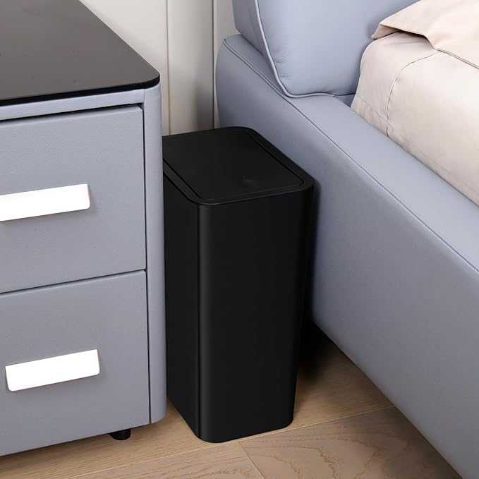 TIPGO Bathroom Trash Can with Lid, 10 Liter/ 2.6 Gallon Slim Garbage Can, Small Trash Bin Waste Basket with Pop-Up Lid for Kitchen, Bedroom, Living Room, Office (Black) (Pack of 3)