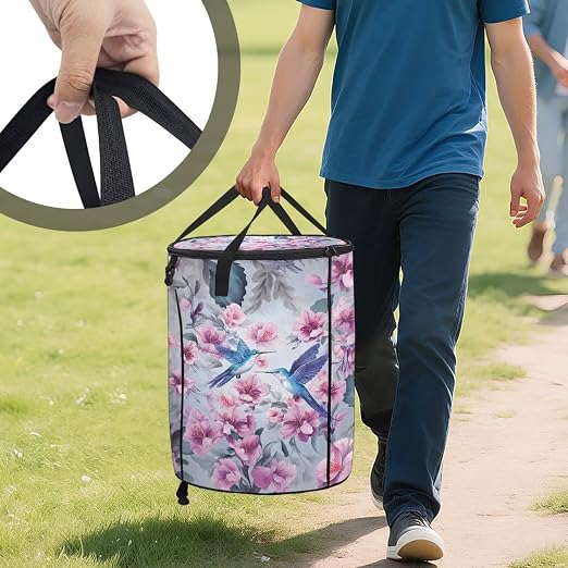 BIGCARJOB Hummingbird Outdoor Trash Can Floral Garbage Bins Outside Pop Up Recycle Garbage Cans Collapsible Trash Can with Zipper Lid and Clip, 22.83x17.71 in