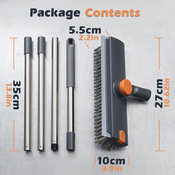 Masthome 3 in 1 Floor Scrub Brush with Long Handle 53.7" | Adjustable Heavy Duty Stiff Bristle Scrubber with Squeegee & Tweezer, 360° Rotating Head for Bathroom, Garage, Deck, Floors