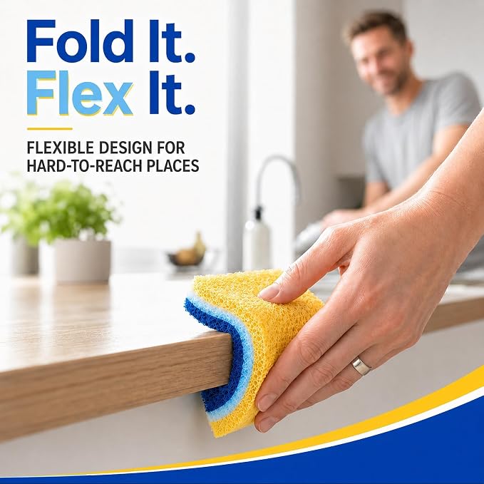 12 PCS Sponges Kitchen, Non Scratch Scrub Sponges for Washing Dishes, Blue | 3-Layer Kitchen Sponge, Dual-Sided Cleaning, Rich Suds Fast, Easy-Grip Design, Easy Rinse & Quick Clean
