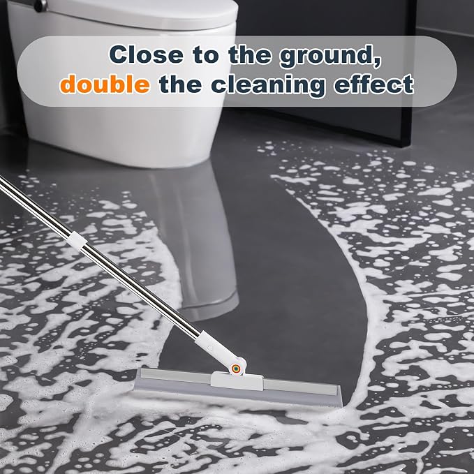 Rubber Squeegee Broom for Floor,Upgrade 62" Long Handle Window Squeegee, 2 Cleaning Cloths, Silicone Pet Hair Remover,Magic Broom Removes Water Spots, Stains, Grease, and Hair from Glass Surfaces.