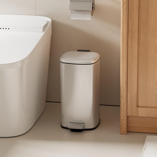 Garvee Bathroom Trash Can with Lid, 2.4 Gallon Slim Garbage Can, Silver | Step Pedal, Soft-close Lid, Rear Handle, Removable Plastic Inner Liner with Trash Bag Retainer Ring, for Kitchen, Bathroom