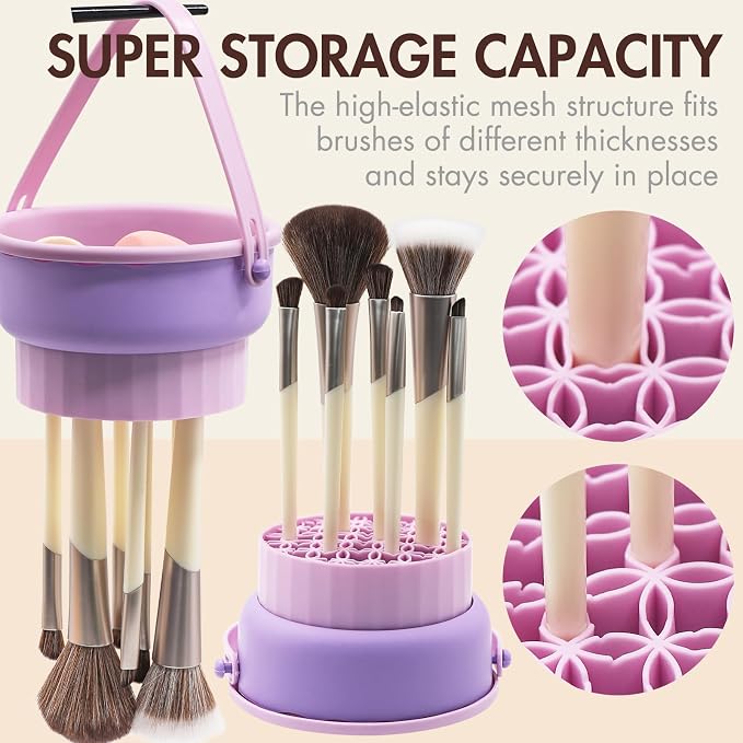 Makeup Brush Cleaner Mat, Brush Cleaner Bowl For Deep Cleaning Tools, 3 in 1 Cleaning Tool Makeup Organizer Storage for Brushes, Powder Puffs, and Sponges(Purple)