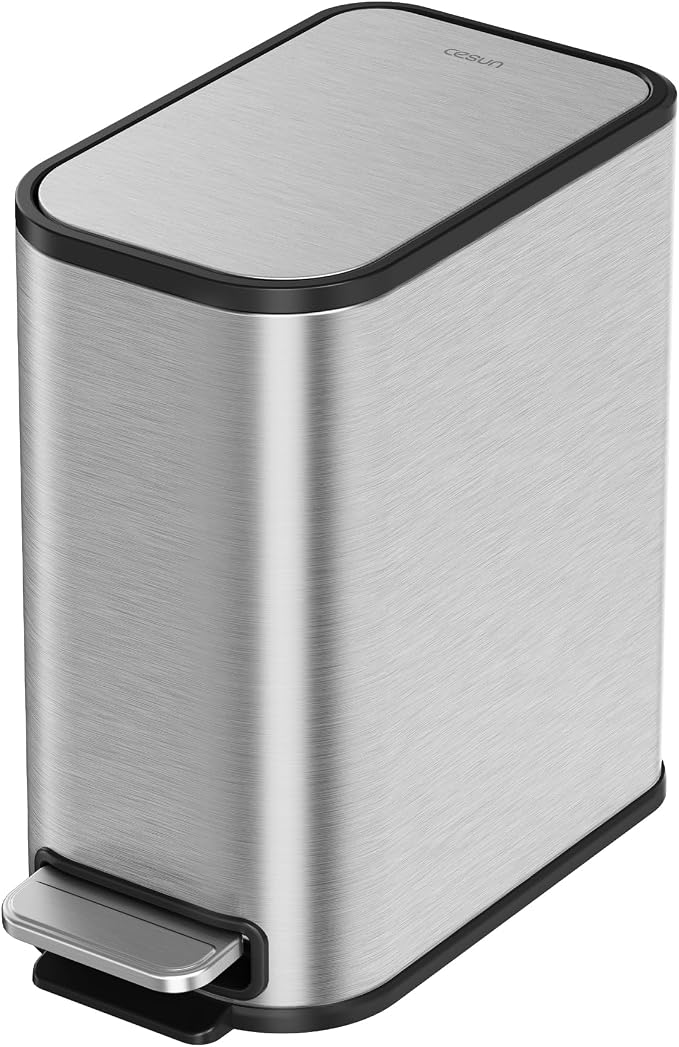 Cesun Small Bathroom Trash Can with Lid Soft Close & Pedal, 1.3 Gal, Silver | Removable Inner Bucket, Slim Stainless Steel Garbage Can for Bedroom/Office, Included 5 Trash Bags, Hidden Bag, Built to Last