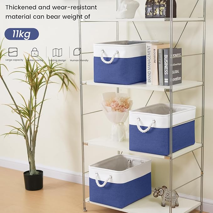 15x11x10 In Foldable Fabric Large Storage Bins with Handle 6 Pack | Organizer Baskets, Sturdy Metal Strand, Cardboard Support Molding, Storage Baskets for Shelves, Closet, Bedroom, White/Blue