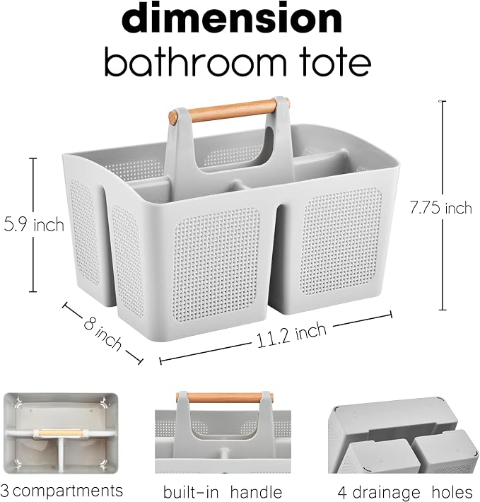 ALINK Portable Shower Caddy Basket with Compartments, Plastic Divided Cleaning Caddy Organizer Storage Tote with Handle for Bathroom, College, Dorm Room Essentials, Light Gray