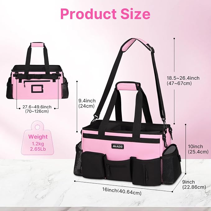 JKAOO Large Wearable Cleaning Caddy Bag with Handles, Pink | Adjustable Shoulder & Waist Straps, Removable, Waterproof Tote for Cleaning Supplies, Home, Car, Office