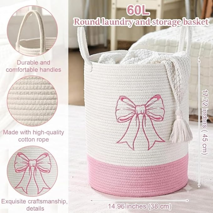 Honeydak 15'' x 18'' Pink Bow Cotton Rope Laundry Basket Hamper Large Laundry Basket Hamper Coquette Bow Room Decor Girls Girly Nursery Storage Bin Tall Round Organizer Blanket Toys Clothes(Bowknot)