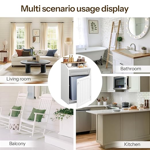 Trash Cabinet, Freestanding Trash Can Cabinet, Wooden Recycling with Flip Door, 13 Gallon Hidden Kitchen Garbage Can for Kitchen, Living Room, White WB13WT