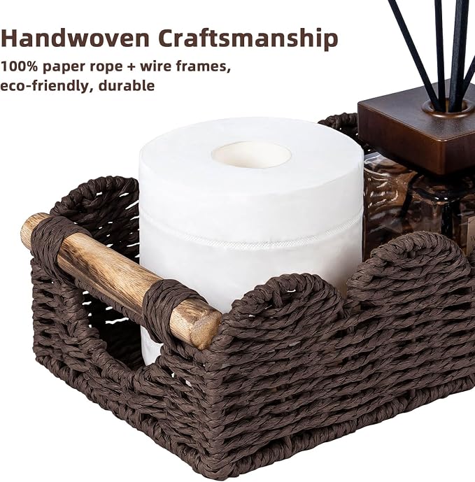 CubesLand Bathroom Basket Organizer, Toilet Decor Basket W/Cut Out Handle | Wicker Toilet Paper Storage Basket Tray, Scalloped Basket for Bathroom Countertop Decorative Also for Home Decor, Brown