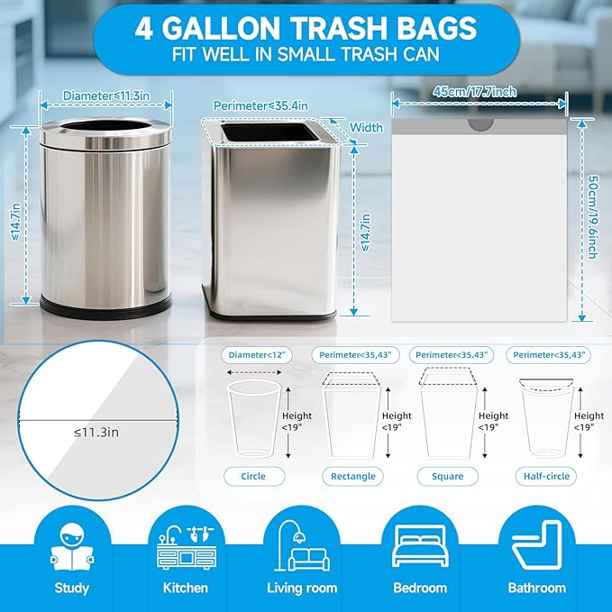360 Count 4 Gallon Drawstring Small Trash Bags for Bathroom Office | 1.2 Mil Drawstring Garbage Bags, HDPE Leak-Proof Tear Resistant, for Kitchen Office Bedroom & Home