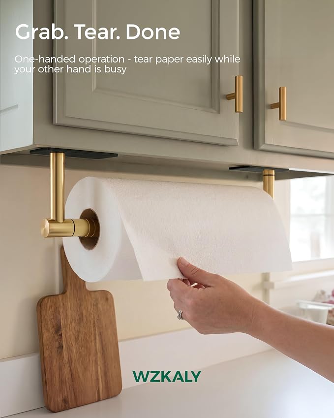 Paper Towel Holder Under Cabinet with Damping No Drill, Black & Gold | Adhesive or Wall Mounted, 304 Stainless Steel Post Pivoting Design, Single Hand Operable for Kitchen Bathroom, Square Base