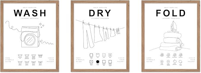 Poster Master 3-Piece Wash Dry Fold Print - Laundry Poster - Line Drawing Art - Black & White Design - Symbols & Guide Art - Minimal Laundry Room Decor - 11x14 Beige Framed