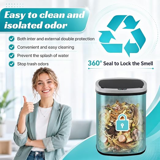 BLKMTY 13 Gallon Trash Can, Stainless Steel Garbage Can with Lid, Sliver | 50 Liters Kitchen Trash Bin, Touchfree Motion Sensor Garbage Bin, Tall Automatic, For Home Office Bathroom