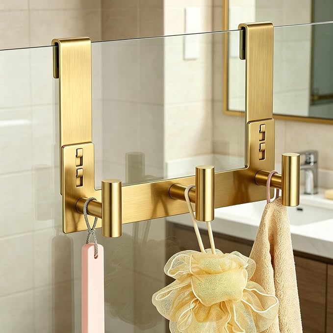 PMMASTO No-Drill Extra Long Shower Hooks, Fits 3/8" Thick Door, Heavy Duty Stainless Steel Towel Hooks for Frameless Glass Shower Door, Holds Bathrobe Towel (Gold, 3 T-Hooks)