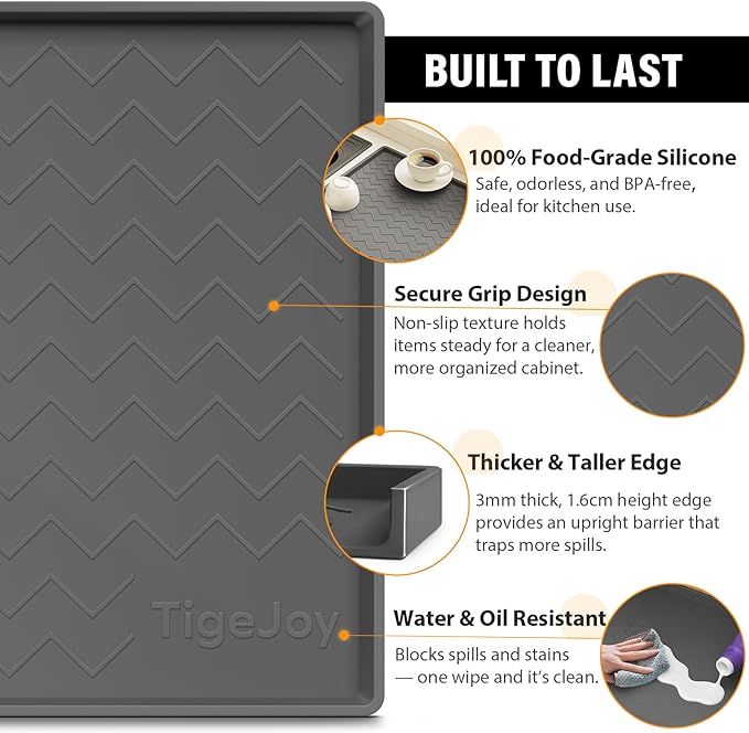 TigeJoy Under Sink Mats for Kitchen Waterproof 34" x 19", Cabinet Liner | Leak-Proof Silicone Mat Sink Protector, Kitchen Essentials Organizer and Storage,Boot or Shoe Tray, Pet Feeding Mat