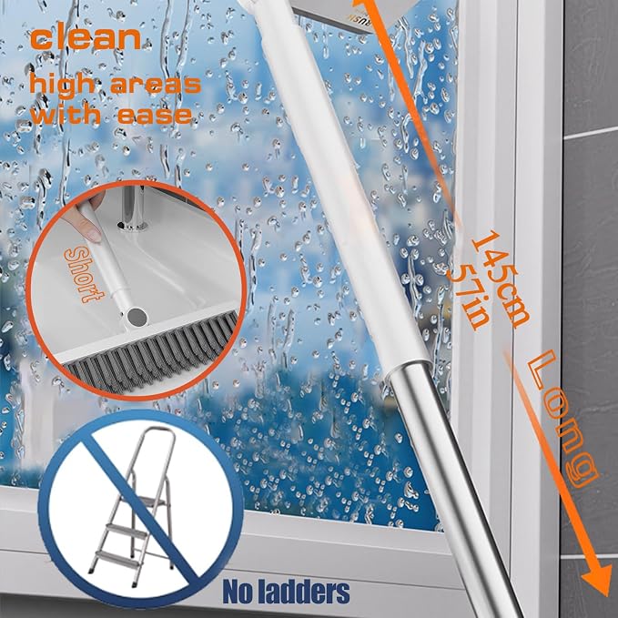 3 in 1 Floor Scrub Brush with Squeegee,27.6–57” Adjustable Thickened Stainless Steel Long Handle,180° Rotatable V-Shape Stiff Grout Brush for Bathroom Tile,Patio,Garage,Swimming Pool,Deck Wall Clean