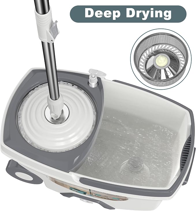 Traditional Large Spin Mop and Bucket, 2 Gal Capacity, White | 2 Rolling Wheels, Pull Handle, 61-Inch Handle, 6 Mop Heads, Easy Wringing, For Family Homes, Hardwood, Laminate & Tile Floors
