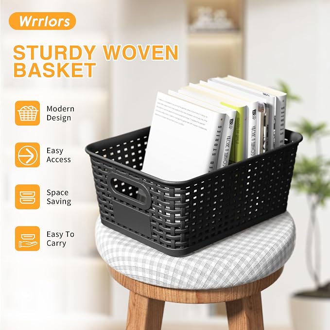 8 Pack Plastic Storage Baskets,Black Stackable Storage Bins | 5.3qt Storage Containers with Labels for Organizing Shelves Drawers Desktop Closet Playroom Classroom Office
