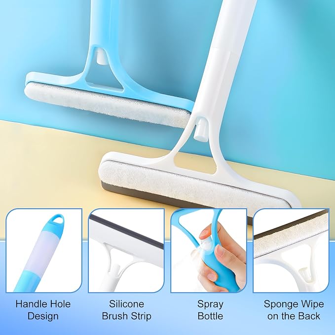 3 in 1 Window Cleaning Scraper, Cleaner Window Squeegee with Sprayer, Squeegee and Scrubber Spray Bottle Window Squeegee for Shower Glass, Mirrors, Car and Home,All-Purpose Window Cleaner Tool (Blue)