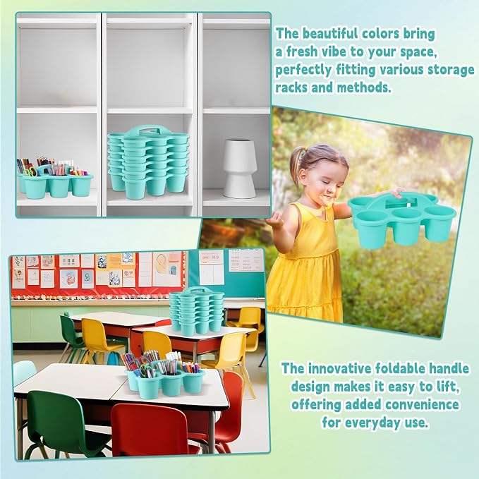 gisgfim 6 Pack Classroom Caddy Organizer with Handle, 6 Compartments, Blue | Stackable Plastic Table Caddies, 12x9x3.5 In, caddy Organizer for School Supplies, Crayons, Pencils, Crafts and Drink Cups