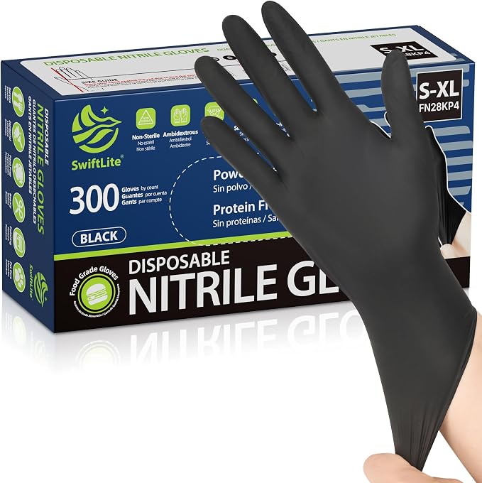 Black Nitrile Gloves Disposable Latex Free, Food Safe | Rubber Gloves Powder Free for Cooking, Food Prep, Kitchen Cleaning