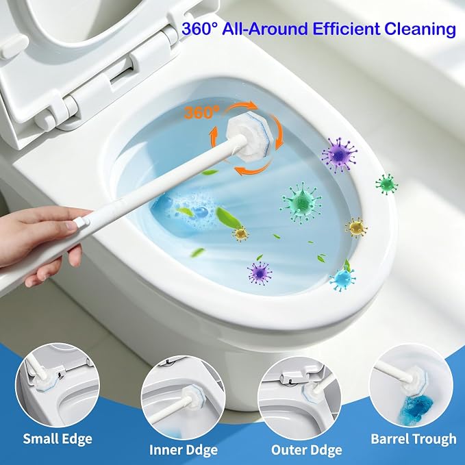 Disposable Toilet Brush and Holder Set, 40 Pre-Filled Refills | 5X Powerful No-Shed Pads, 360° Deep Toilet Bowl Clean, Toilet Bowl Cleaner with Storage Caddy & Adhesive Hooks