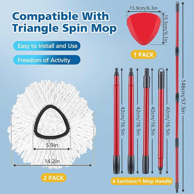 Spin Mop Replacement Head Compatible with O Ceda EasyWring 1-Tank System | 2 Microfiber Spin Mop Refills, 1 Triangle Mop Base Head and 4-Section Iron Mop Handle 30-58in for 1 Tank System (2+1+1)