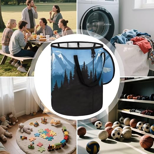 Snowy Mountains Bear Outdoor Trash Can with Lid 20+ Gallon Collapsable Trash Can Camping Large Capacity Design Garbage Bags for Rv, Backyard, Picnic