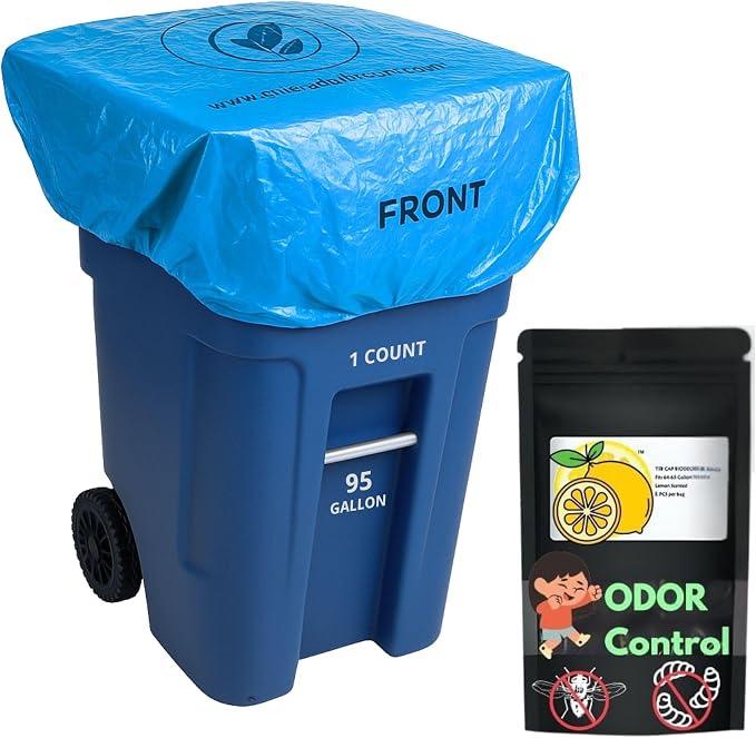 95 Gallon Trash Can Cover, Outdoor Lid Cover with Elastic Fit, Odor Control, Weather Resistant, Reusable, Lemon Scented, 1 Pack