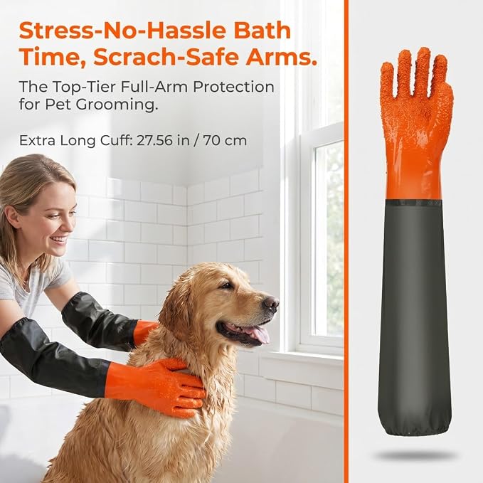 Dog Bathing Gloves, 27.6" Waterproof Extra Long Pet Washing Gloves 3 Pairs | Anti-Slip Grip, Full Arm Scratch Protection for Dog Cat Grooming, Bathing & Nail Trimming