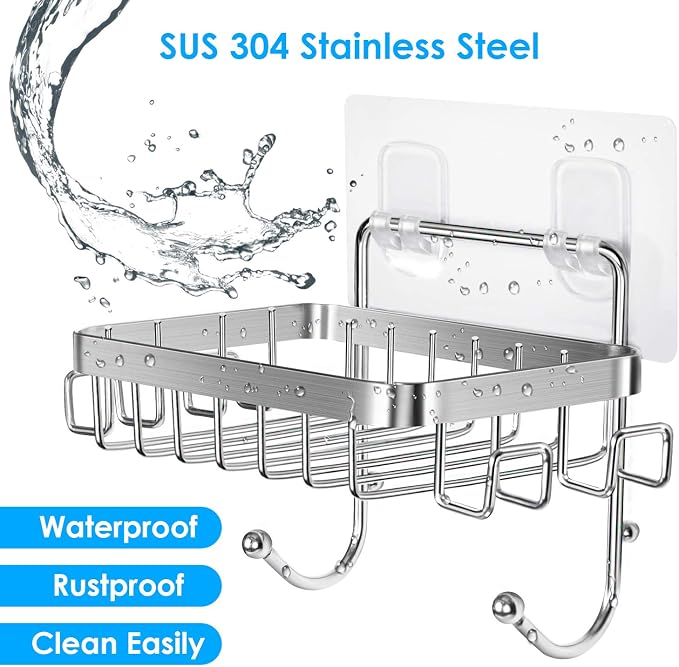 ODesign Soap Holder for Shower Wall Stainless Steel with 6 Hooks -Silver | Loofah, sponge, and razor holder, adhesive wall-mounted, no drilling, removable for cleaning, for kitchens and bathrooms