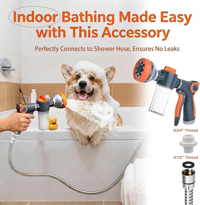 8-in-1 Dog Washing Hose Attachment with Soap Dispenser for Pets | 3.5oz Integrated Foam Water Design, Multi-scene Household Indoor& Outdoor Tool, Labor-saving Ergonomic Handheld Grip