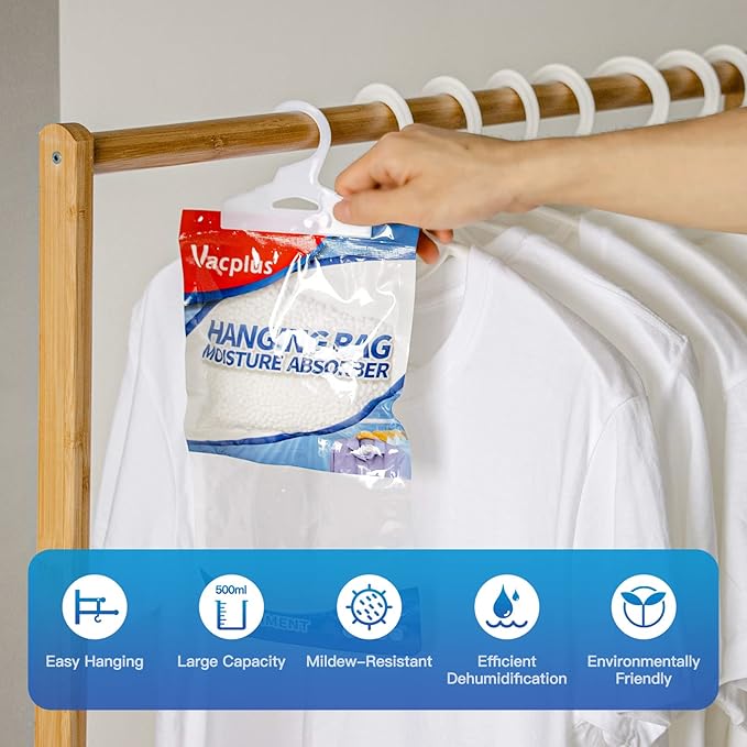 Vacplus Moisture Absorber, 15Pack Hanging, Strong Absorption, Unscented | Closet, Enclosed Spaces, Bathroom, Odor Eliminator, Dehumidifier Bags, 9.8 OZ