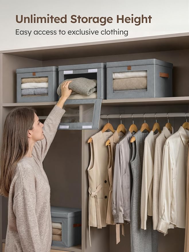 Homsorout Medium Fabric Storage bins - Collapsible Storage Bins with Open Window, 6 Pack Closet Baskets for Shelves, Stackable Decorative Boxes for Home, Dorm, Grey, 13.7"x 9.8" x 9.8"