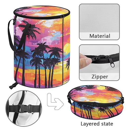 BIGCARJOB Hawaii Palm Collapsible Trash Can Portable Tall Trash Can Oval Recycling Bin 22.83x17.71 Outside Garbage Bin Storage Bag with Clip and Zipper Lid