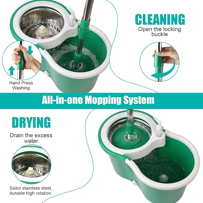 Spin Mop and Bucket with Wringer Set, 3 Microfiber Mop Heads, 61" Handle | 360° Spinning Mop System with Stainless Steel Adjustable Handle & 3 Microfiber Replacement Heads for Floor Cleaning