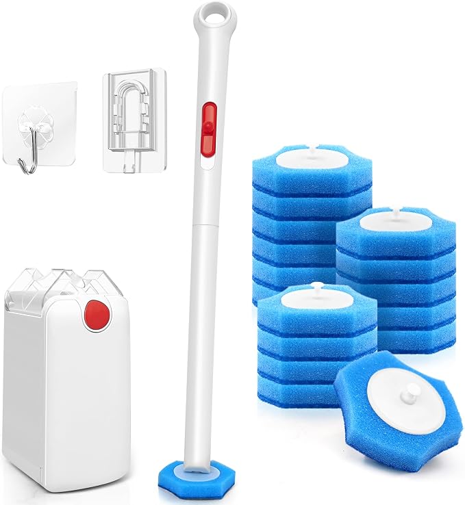 JEHONN Disposable Toilet Bowl Cleaner Wand with Upgraded Clamping System, Wall Mounted Bathroom Scrubber Brush for Bathtub Sink Wash Basin, 16 Refills