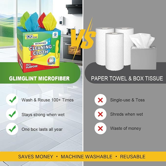 GLIMGLINT Microfiber Cleaning Cloth 120 Pack, Reusable Paper Towels 11 x 9 | Lint Free & Ultra Absorbent Cleaning Rags for Car, Home, Kitchen, Glass & Screen, Washable Shop Towel Rag with Box Multicolor