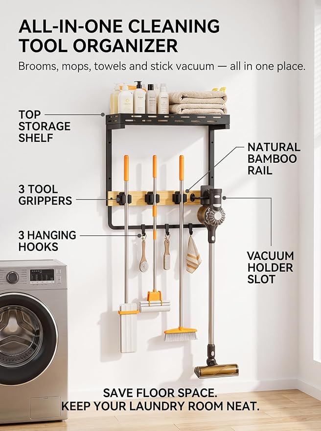 Deloban Broom Holder Wall Mount,16.6" Small Mop Tool Organizer | With Bamboo Rail, 3 Grippers, 3 Hooks, Vacuum Slot & Top Storage Shelf For Laundry Room Organization, Garage,Garden,Black