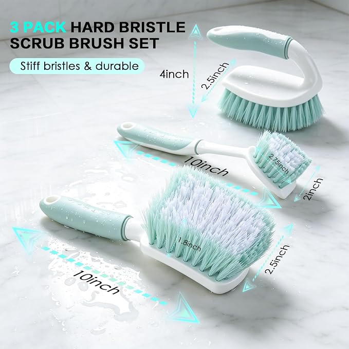 3 Pack Bathroom Scrub Brush Set, Heavy-Duty Scrub Brushes for Cleaning | Green Scrubbing Brush with Non-Slip Handle and Stiff Bristles for Cleaning Floor, Bathtub, Tub, Tile, Gap, Kitchen, Sink